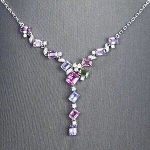 NEW 925 Sterling Silver Diamond Multi-Colored Gemstone Necklace